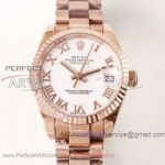 ARF Rolex Datejust Rose Gold Fluted Bezel White Roman Markers Dial 28mm Women's Watch